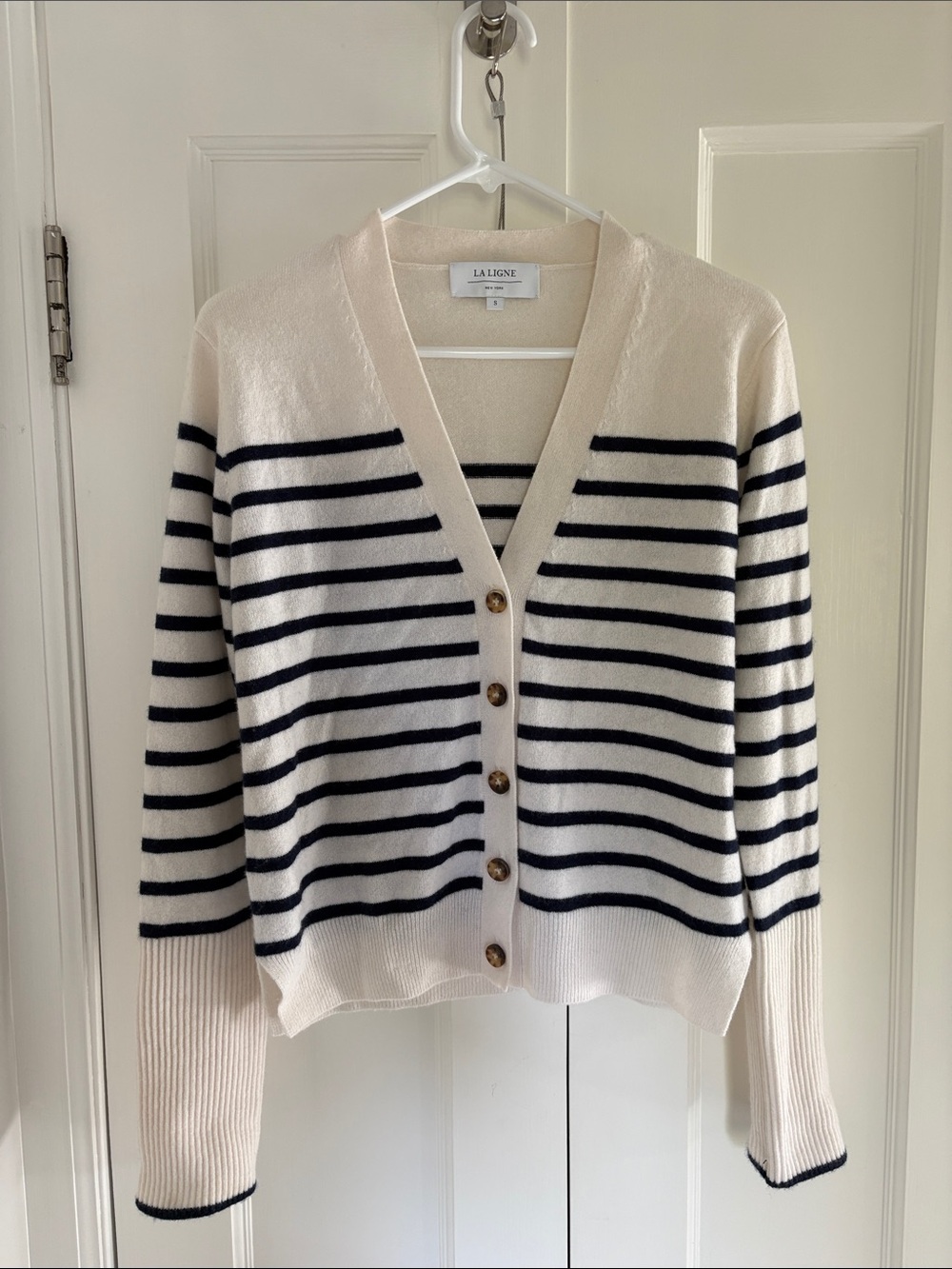 La Ligne White and Navy Striped V-Neck Button Front Cashmere Cardigan